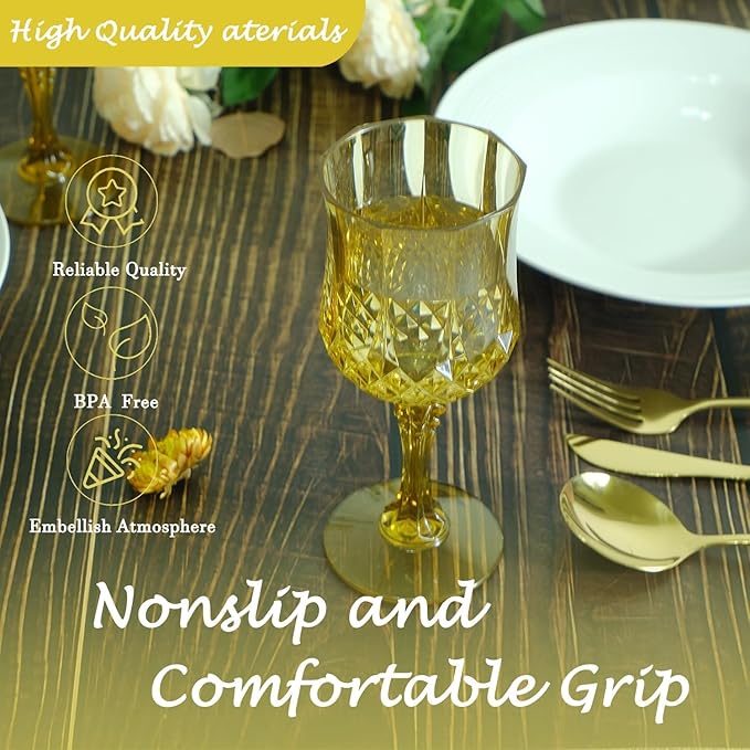LEYIQU Plastic Wine Glasses, Plastic Goblets Vintage Style Cordial Drinking Glasses for Valentine’s Day, Wedding Reception, Grand Event Party Supplies (100, Gold)