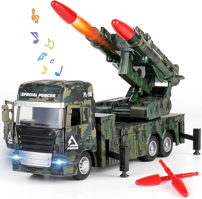 Military Toys for Boys, Army Vehicle Toys with Rotatable Turret, Missile Truck with Light & Sound, Pull Back Army Truck Gift for 3 4 5 6 7 8 Year Old Boys