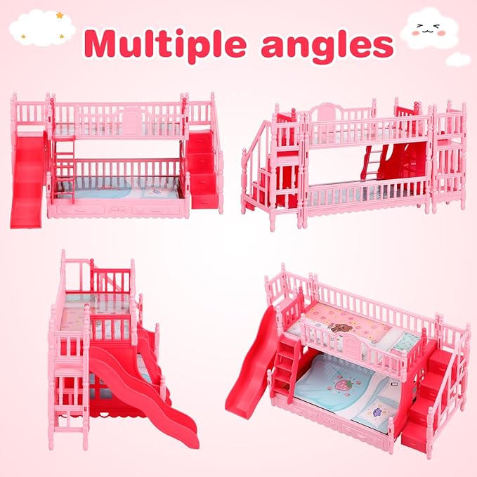 Angoily Dollhouse Bunk Beds, Miniature Doll Bunk Bed with Ladder Doll House Double Layered Furniture Accessory for Pretend Play Bedroom Decoration Compact Dollhouse Accessories Small Pink