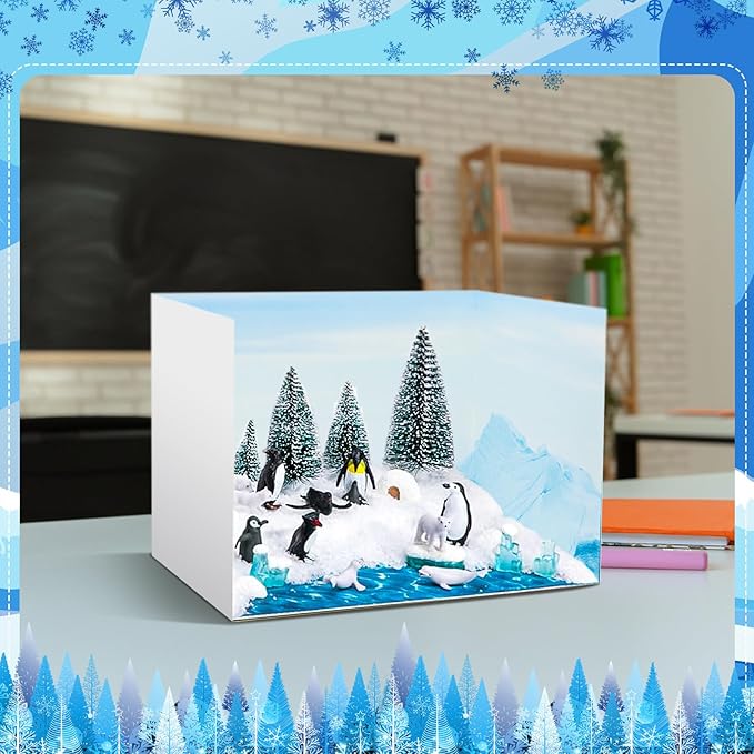 4 Set Arctic Style Habitat Diorama Box and Water Sticker Decor, Diorama Project Supplies Set, Cardboard Display Case Kit & Water Sticker with Double Sided Tapes for DIY Crafts Dollhouse