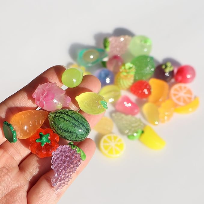 30PCS Mini Artificial Fruits Luminous Decor Resin Glow in The Dark Tiny Figures Small Banana Lemon Strawberries Grapes for Party Table Garden Figurines