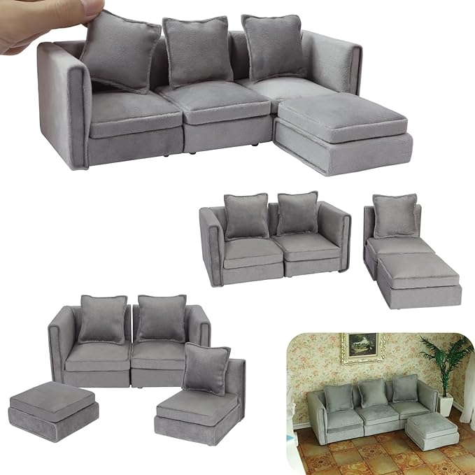 iLAND Dollhouse Furniture Miniature Sectional Couch Set Fit 1/12 Scale Accessories for Doll House Décor and 3 to 6 inches Doll Figure, Modern Light Grey Velvet Sofa Elegant & Classic