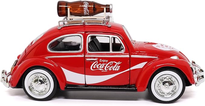 Motor city classics Coca-Cola Diecast Collectible | 1966 VW Beetle with Bottle on Top Rack | 1:24 Diecast Scale Model 424066 | Officially Licensed Coca-Cola Diecast