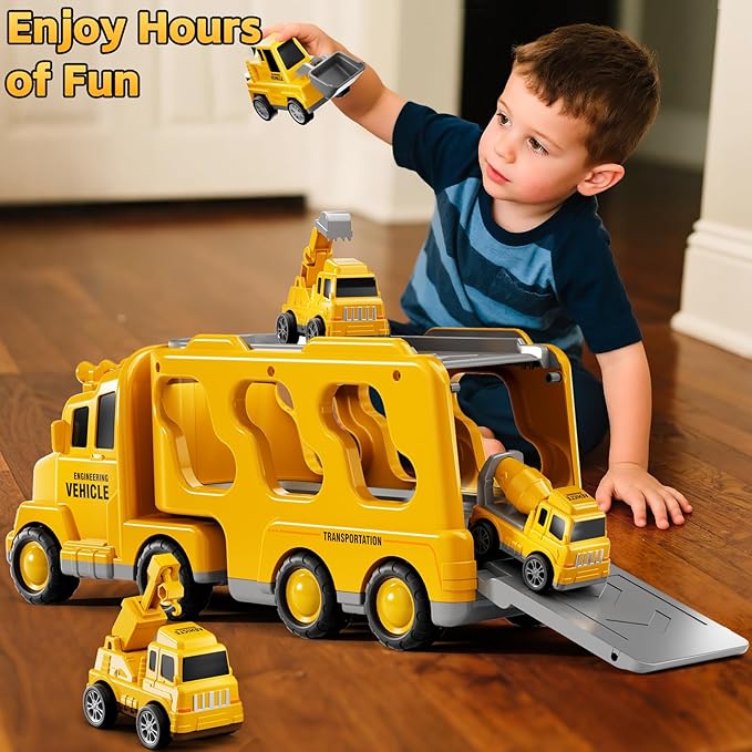 Construction Trucks Toys for 2 3 4 5 Years Old Boys - 5-in-1 Carrier Transport Vehicle Truck for Toddlers 2-4 Years with Crane, Mixer, Pushdozer and Excavator, Car Toys Birthdays Gift