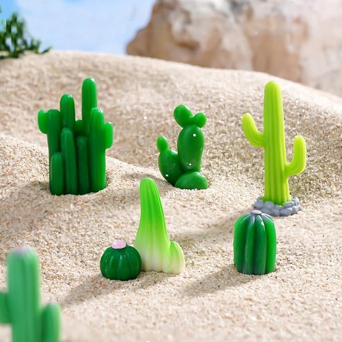 12 Pcs Realistic Mini Cactus Figurines – Resin Cactus Models in Various Shapes, Miniature Green Cacti Ornaments for DIY Dollhouse, Fairy Garden, Bonsai, Micro Landscape, Car & Cake Toppers