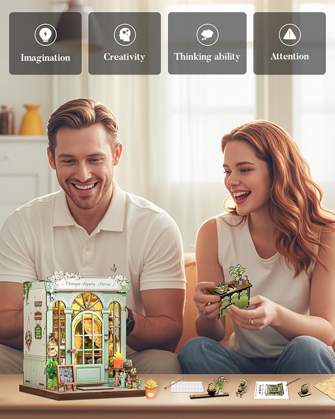 Cutefun Book Nook Kit - DIY Miniature Dollhouse Kit for Adults and Teens, French Flower Shop Mini House Building Kit with LED, 3D Wooden Puzzle for Beginner Creative Gifts (Champs-Élysées Florist)