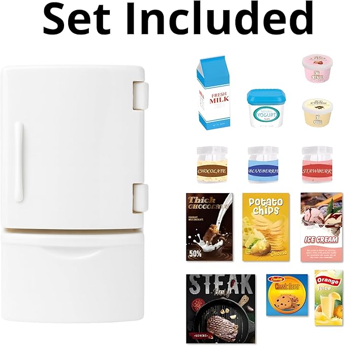 Family Dollhouse Refrigerator Set — Mini Fridge with Opening Doors, Interior Shelves, Milk Carton, Yogurt Tub, Ice Cream Cups & Topping Jars — Dollhouse Furniture & Accessories for Ages 3+