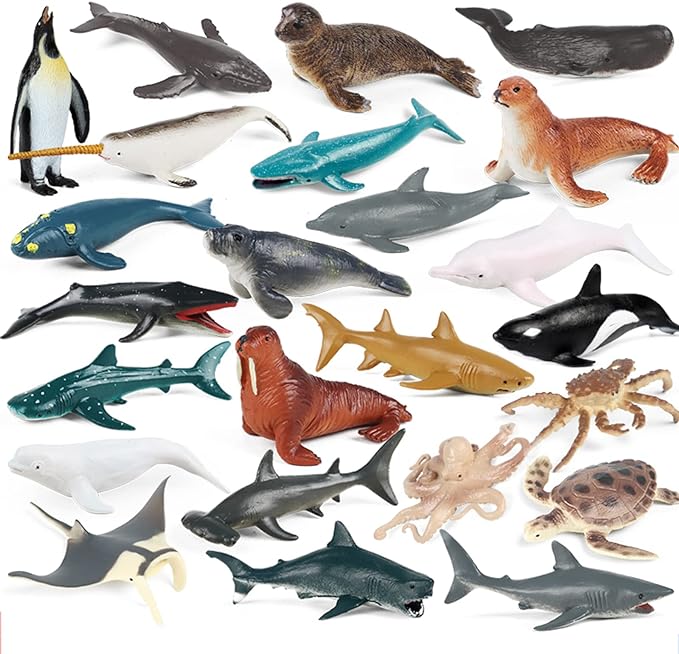 EOIVSH 24PCS Mini Ocean Animal Figurines - Realistic Sea Creatures Toy Figures with Sharks, Whales & Walrus - Under The Sea Life Figure for Party Decoration, Easter Egg Filler & School Project