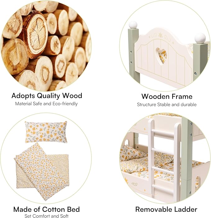 ROBOTIME Baby Doll Bunk Bed, Wooden Doll Crib for 18 Inch Dolls, American Girl Doll Furniture Toy with Bedding (Green, 2 Pcs Beds)