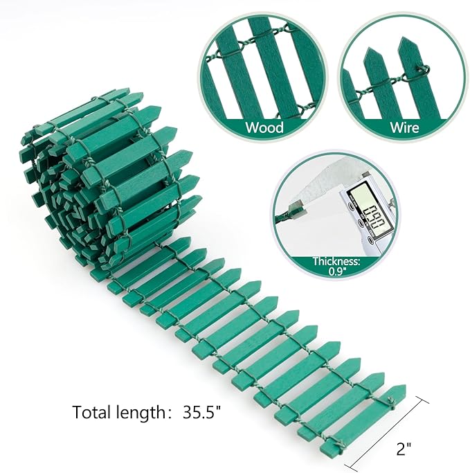 Mini Fairy Garden Fence, 35.5x2 Inch Cuttable Small Wood Picket Fence, DIY Miniature Accessories Decoration for Dollhouse, Crafts, Vegetable Platter, Cake(Dark Green)