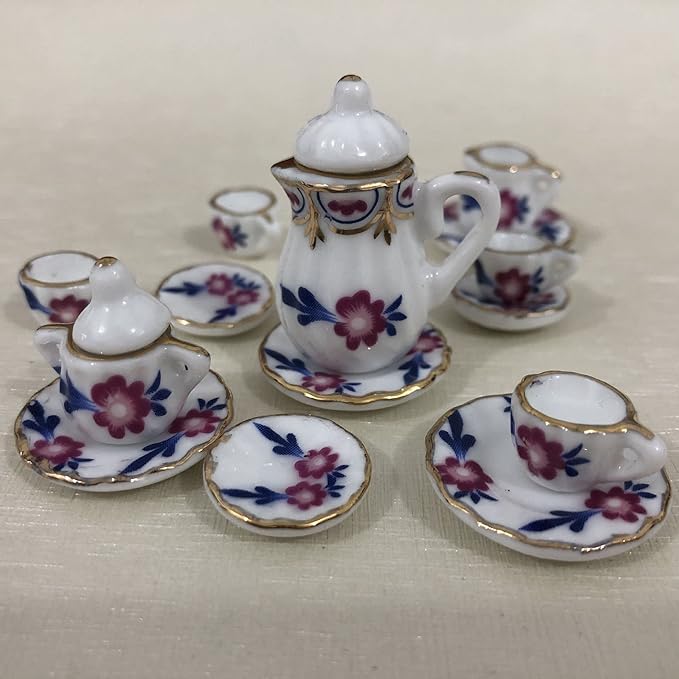 Dollhouse Decoration Accessories, 1:12 Dollhouse Miniature 15 Pcs Porcelain Tea Sets Mini Food Toy Model (G)