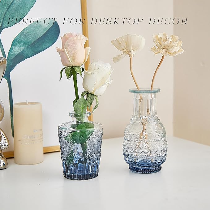 Glass Bud Vase Set of 16, Small Flower Vases, Glass Vases for Centerpieces, Vintage Home Table Decorations Bud Vases (16 Pcs, Blue)