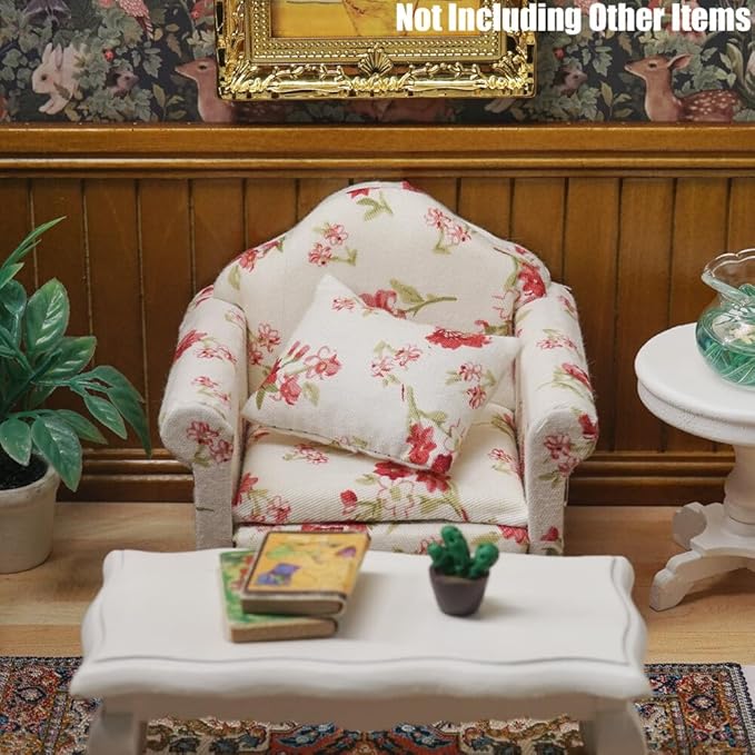 Odoria Dollhouse Armchair Sofa Miniature - 1/12 Scale Accent Chair for Vintage Country Living Room - Mini Club Lounge Chair Wood Furniture Upholstered Floral Red