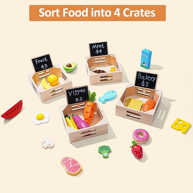 Food Groups - 20 Wooden Play Food Sets & 4 Crates & 4 Mini Blackboard & 15 Play Money, Pretend Toy Food Kitchen Accessories for Toddlers & Kids Ages 3+