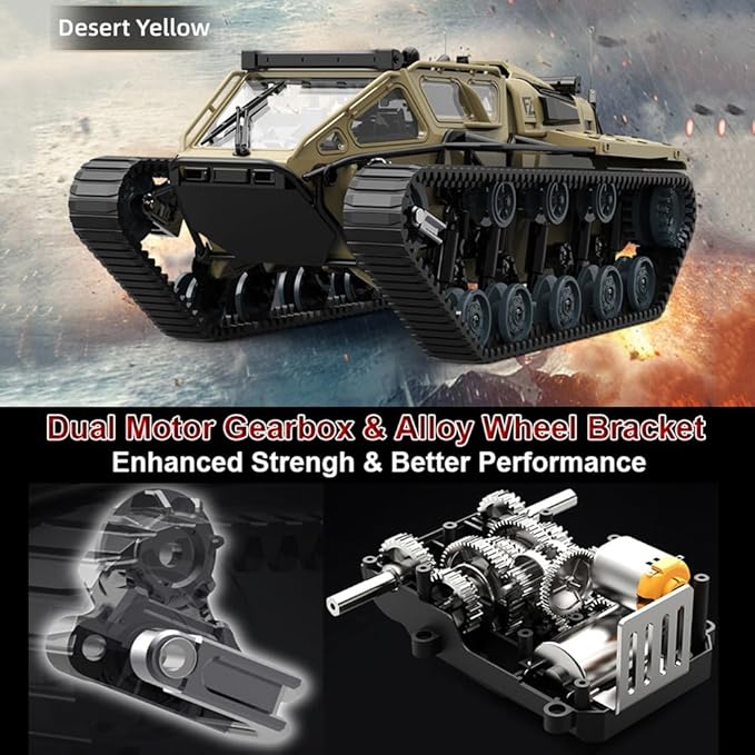 RC Tank Car 1/16 Scale Remote Control Tank Off Road RC Crawler 4WD RTR 360°Rotating Drifting Dual Motor Gearbox Proportional Control Tracked Military Truck Hobby Toy for Adult