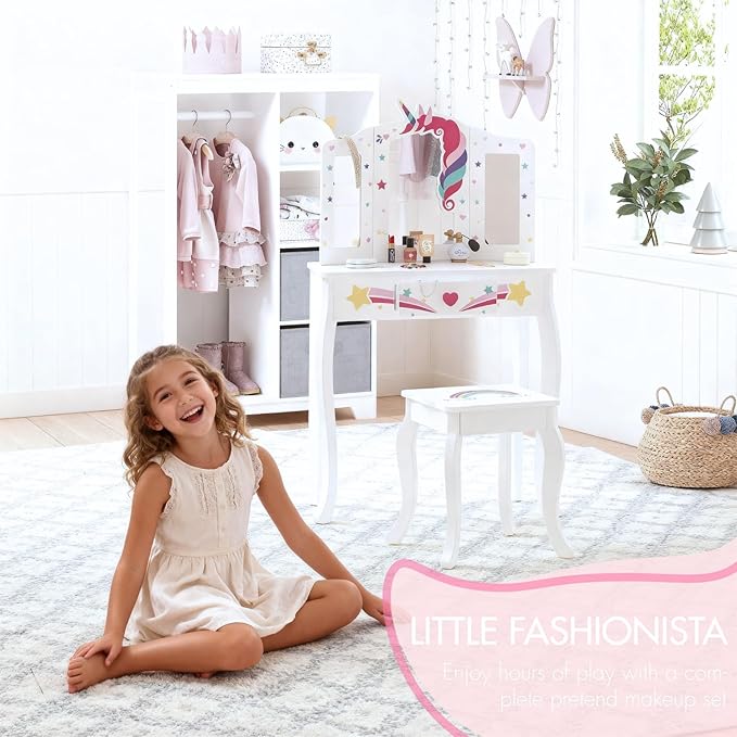 Spirich Kids Vanity, Girls Vanity Set with Mirror and Stool and Lights, Kids Vanity Table and Chair Set, Wooden Princess Makeup Desk Dressing Table