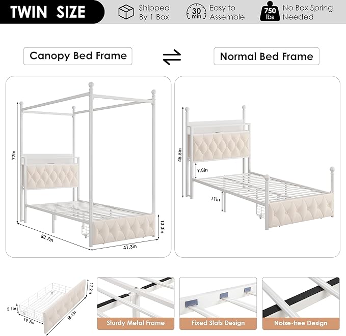 HIFIT Set of 2 Kids Twin Upholstered LED Canopy Bed Frame with Charging Station & Storage Drawer, Button Tufted Storage Headboard w/Bookshelf, Two-Use Girls Platform Bed frame w/4 Removable Post,Beige