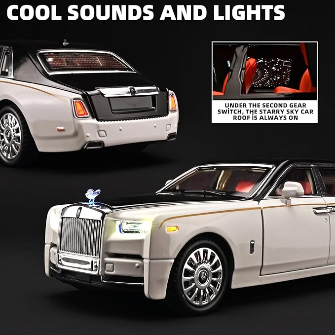 Car Toys for Boys 1/18 Diecast Cars Phantom Model Car Kits Collectible Suitability for Children and Adults,Pull Back Cars with Light and Sound,Toy Cars for Boys Age 4-7（White）