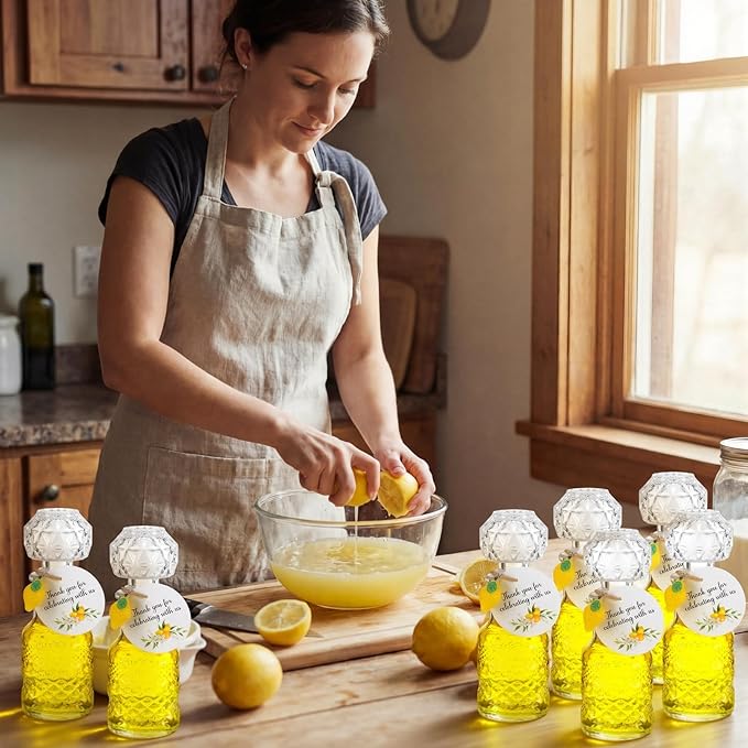 Chuangdi 16 Sets Mini Limoncello Glass Bottles Limoncello Bottles with Labels 1.7 oz Lemon Pendants Lemon Party Favors for Homemade Brewing Wedding Baby Shower Gifts(Delicate)
