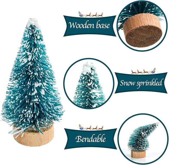 24 Mini Bottle Brush Christmas Trees with Wood Base, Artificial Plastic Mini Trees for Crafts, Winter Snow Ornaments for Christmas Table Party (Blue-Green)
