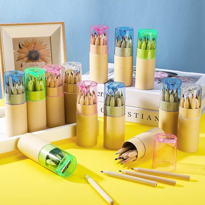 Fulmoon 100 Pack Mini Colored Pencils with Sharpener, Bulk Classroom Party Favors, Portable Crayon Sets for Drawing, Birthday Gift Supplies for Students(Assorted Colors)