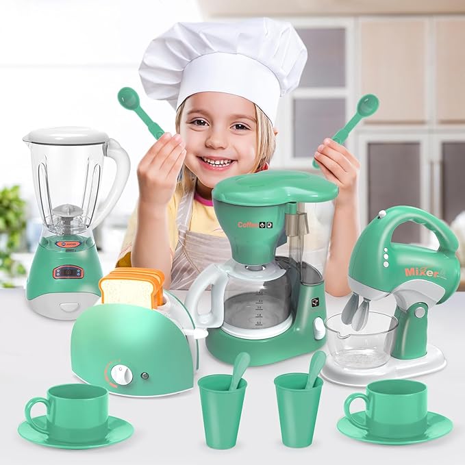 Play Kitchen Toys, Pretend Play Kitchen Appliances Toy Set with Coffee Maker, Mixer, Toaster with Realistic Lights& Sounds, Birthday Gift for Kids Ages 3-5 4-6 6-8 (Green)