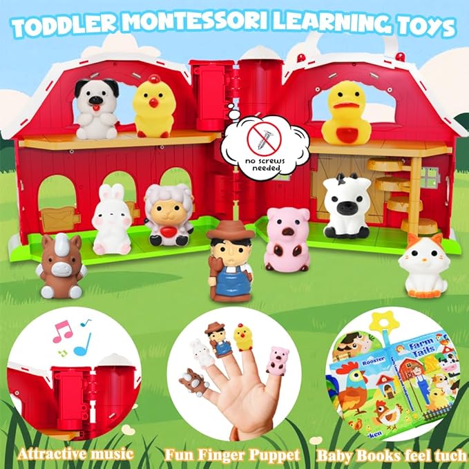 Musical Red Barn Farm Animal Toys with Tails Baby Book, Educational Preschool Farm Animals Finger Puppet for Toddlers 1-3, Montessori Learning Toys Christmas Birthday Gift for Boys Girls 12-18 Months