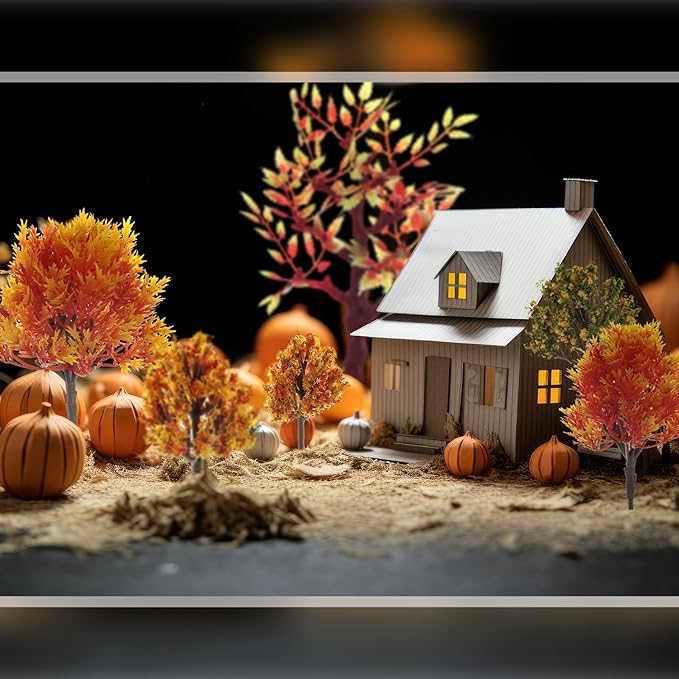 Canlierr 28 Pcs Miniature Model Trees for Diorama Mini Tiny Fake Plastic Fall Maple Trees with 40g Faux Moss for Villages, Craft, Model Train Autumn Scenery Accessories