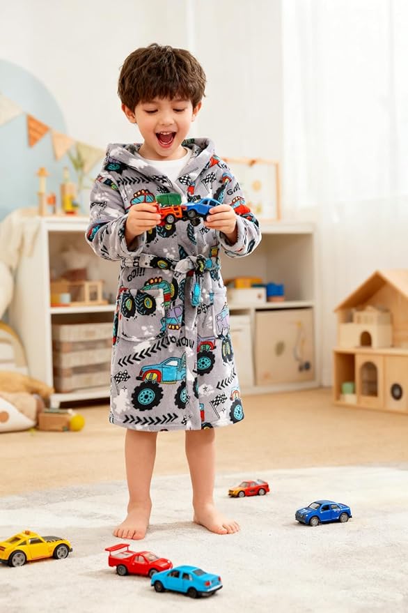Boys Fleece Robe Hooded Toddler Soft Bathrobe Pajamas Sleepwear for Kids Girls 2-16 Years