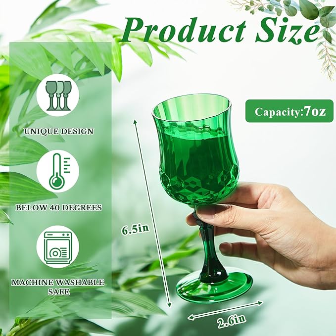 Pinkunn 50 Pcs 7 oz Plastic Vintage Wine Glasses Reusable Colored Goblets Patterned Drinking Water Glasses Cup Dishwasher Safe for Valentine's Day Wedding Reception Party Supplies (Green)
