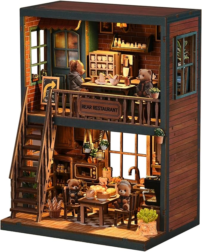 Hallisun DIY Miniature House Kit, Mini 3D Wooden Bear Restaurant Building Kit with Furniture and LED, Tiny Diorama Dollhouse Model Set, Handmade House Craft Birthday for Adults Teens