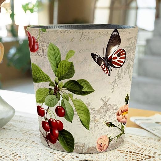 Scakbyer 10L/2.64 Gallon Trash Can, Decorative Waste Basket, PU Leather Waste Paper Basket, Waterproof Garbage Can for Bathroom, Bedroom, Office, Kitchen and Living Room - Butterfly Four-Leaf Flower