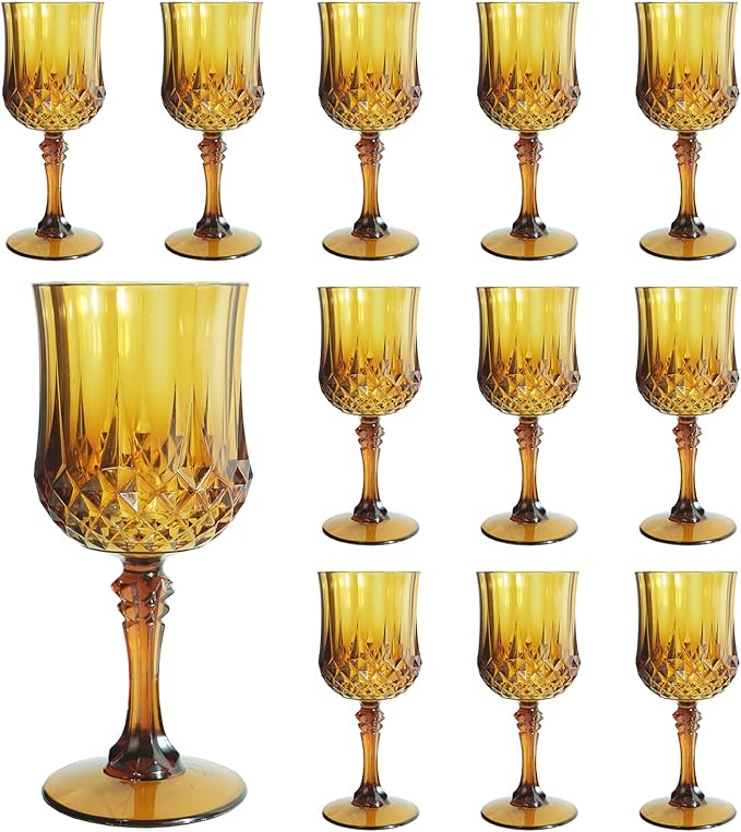 LEYIQU Plastic Wine Glasses, Plastic Goblets Vintage Style Cordial Drinking Glasses for Valentine’s Day, Wedding Reception, Grand Event Party Supplies (12, Amber)