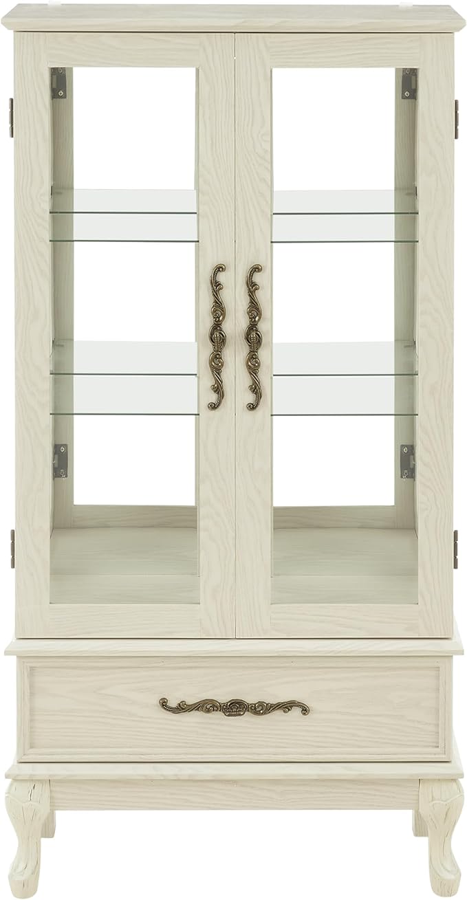 51"H Lighted Curio Display Cabinet with 2 Doors & 1 Drawer, Wooden Glass Curio Showcase w/ Adjustable Shelves & Mirrored Back Panel, Storage Cabinet Display Case for Living Room(Antique White)