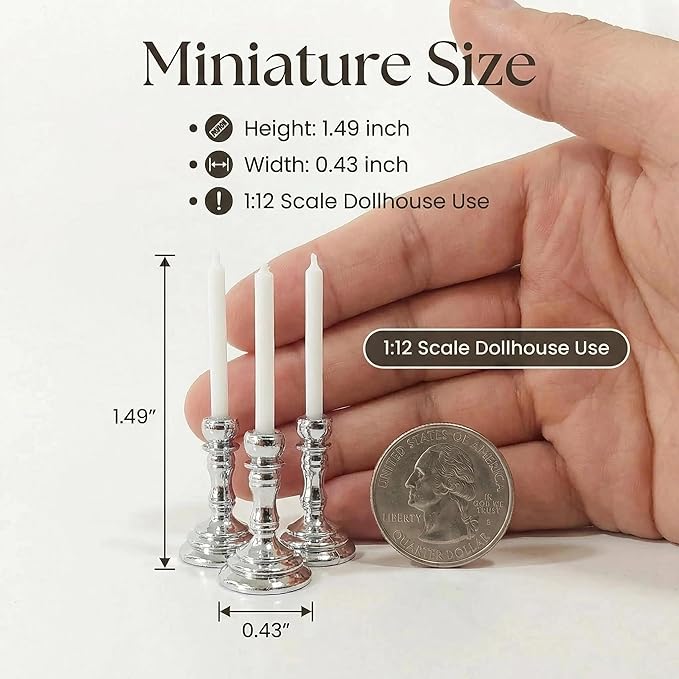 3PCS Vintage Miniature Candlesticks Set 1:12 Scale Metal Base Candle Holder for Miniature Room DIY Miniature Scene, or Desktop Display (Silver)