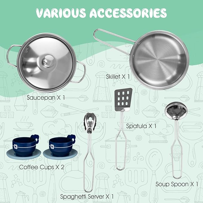 Costzon 2-Piece Corner Play Kitchen, Wooden Play Kitchen w/Washing Machine, Realistic Light & Sound, Coffee Maker, Stove & Accessories, Little Chef Pretend Toy Kitchen for Boys & Girls