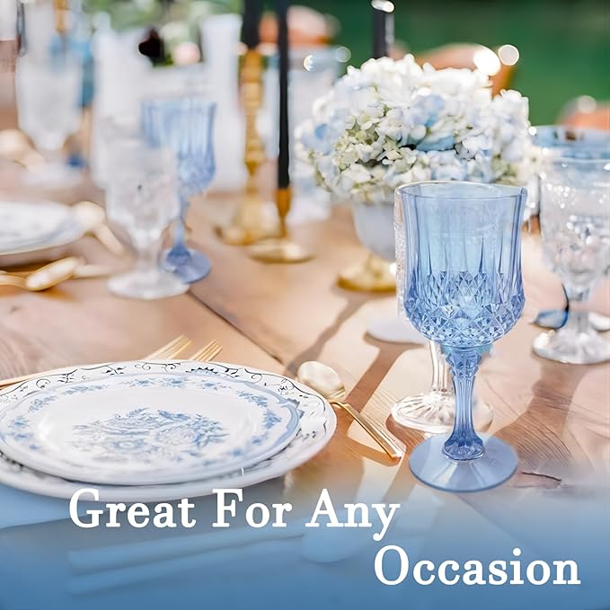 LEYIQU Plastic Wine Glasses, Plastic Goblets Vintage Style Cordial Drinking Glasses for Valentine’s Day, Wedding Reception, Grand Event Party Supplies (24, Blue)
