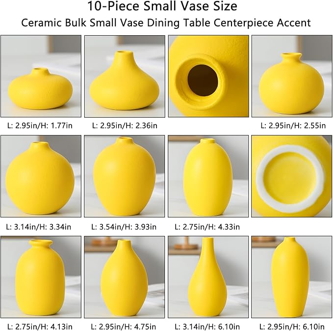 Ceramic Bud Vase Set of 10 - Yellow mini Bud Vases in Bulk Dining Table Centerpieces, Cute Bulk Small Flower Vase for Pampas Grass&Single Flower Decor, Ideal Wedding Window Sill Aesthetic Desk Decor