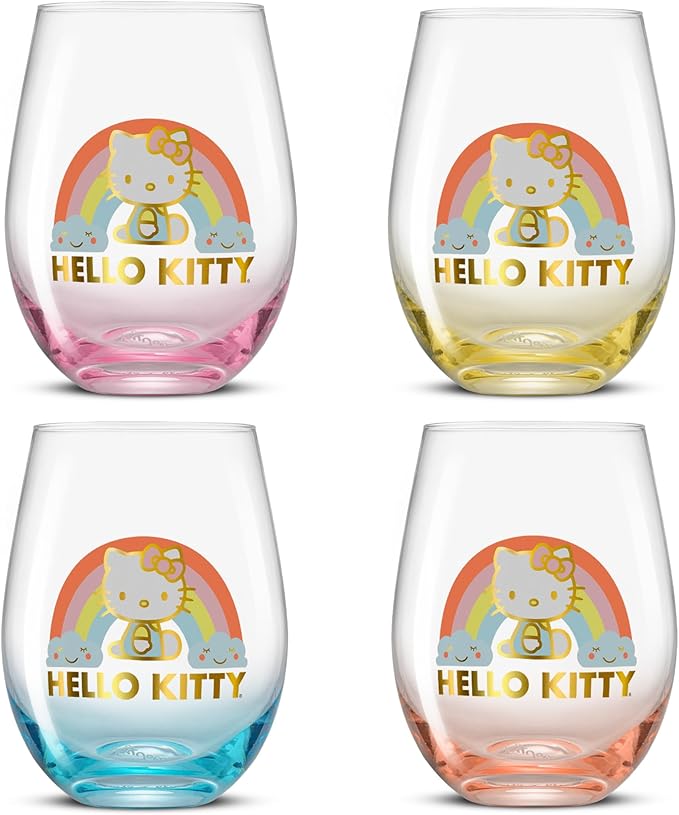 JoyJolt Hello Kitty Sweet Rainbow Stemless Drinking Glasses Set of 4, 19oz Glass Cups, Kawaii Kitchen Glassware Sets, Sanrio Hello Kitty Merch, Teardrop Tumblers for Water, Juice, Coffee, Iced Tea