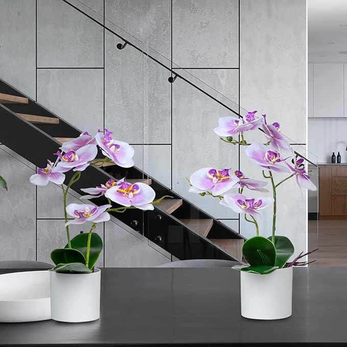 XONOR Artificial Orchid Flowers, 2 Pieces Potted Fake Orchids with Plastic Vase for Table Centerpiece Home Decor Office Wedding Party Decoration