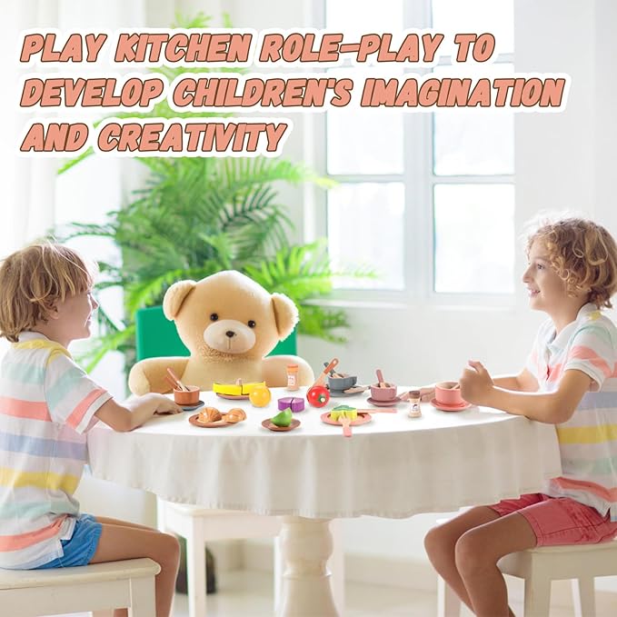 GAGAKU Wooden Dishes Kids Play Dish Set - Wood Plates Set for Toddler Montessori Wooden Kitchen Toys