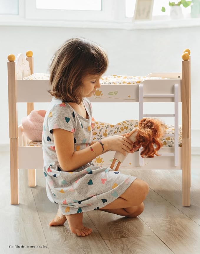 ROBUD Baby Doll Crib, Wooden Baby Doll Beds for 20 Inch Dolls, Baby Doll Bunk Beds with Tulle, American Girl Doll Bed for Gifts, WRP12