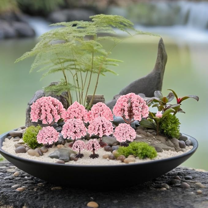 Yardwe Simulated Flower Tree with Base 2.76 Inch Miniature Plastic Tree for DIY Model Train Scenery Hobby Landscape Decoration Dollhouse Accessory