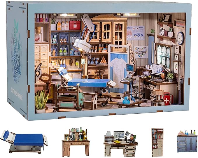Book Nook Kit - DIY Miniature House Doctors Clinic Dollhouse Kit for Adults, Book Nook Tiny House Bookshelf Decor Creative 3D Wooden Puzzle, Gifts for Family, Friends (Doctor's Office)
