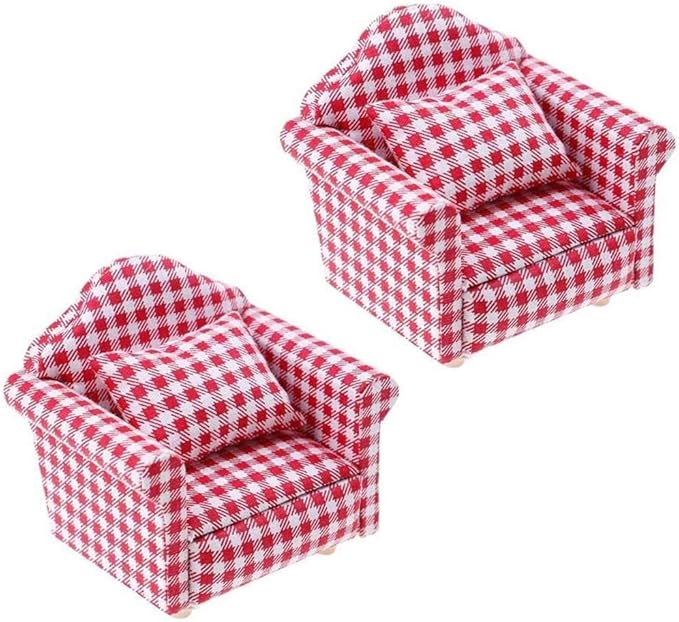 2 Sets 1:12 Scale DIY Dollhouse Sofa&Armchair with Pillow Mini Dolls House Furniture Couch&Chair Miniature Wooden Furniture Handmade Crafts Supplies Red Checkered Dollhouse Toy Dollhouse Accessories