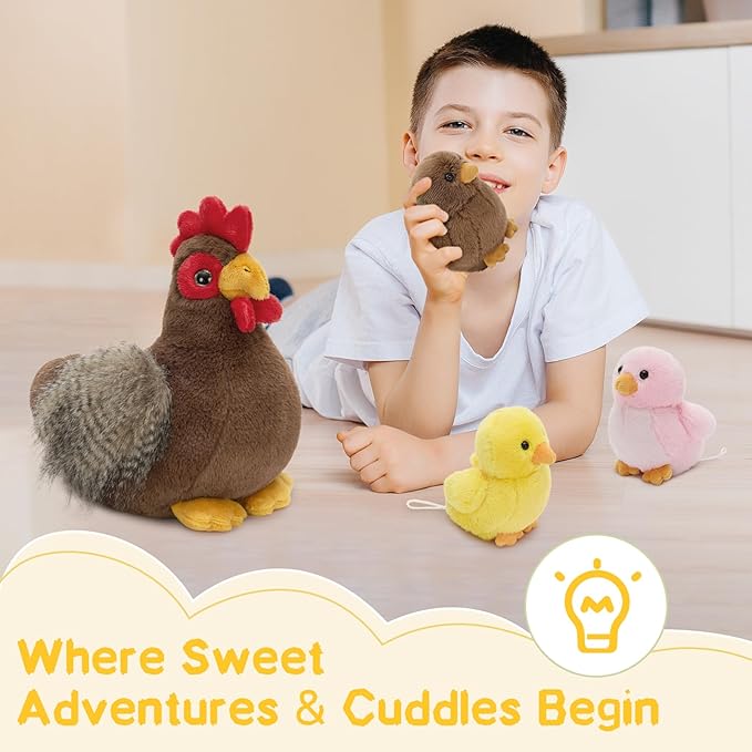 4 Pcs Chicken Plush Set, Mom Hen Stuffed Animal with 3 Stuffed Wind Up Chicks Toy in Mother Chicken's Belly, Christmas Birthday Gift for Kids Girls Boys, Animal Theme Party Decor