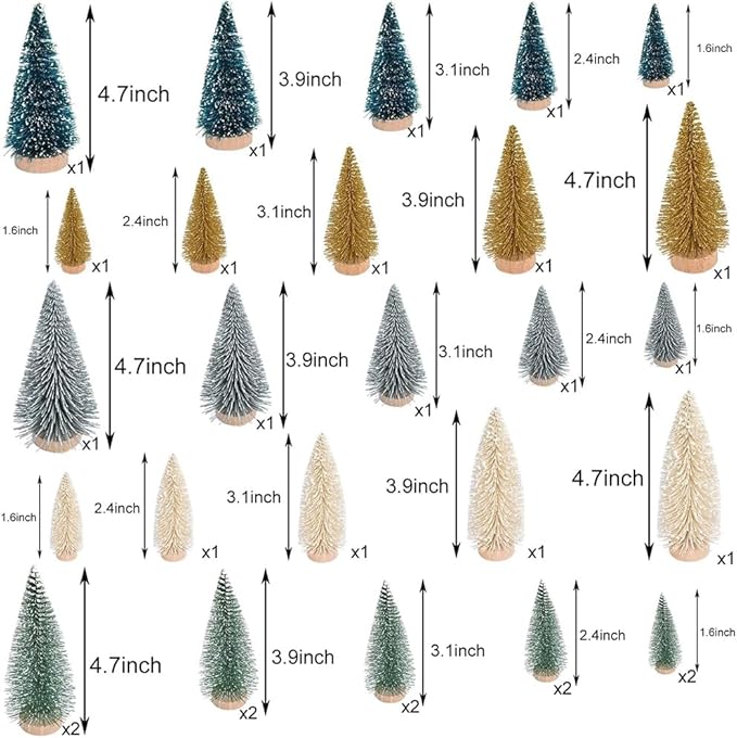 Yahpetes Artificial Mini Christmas Trees, 30 Pcs Sisal Snow Pines in 5 Sizes, Crafting Displaying Decoration, Tabletop Xmas Tree for Home, Party