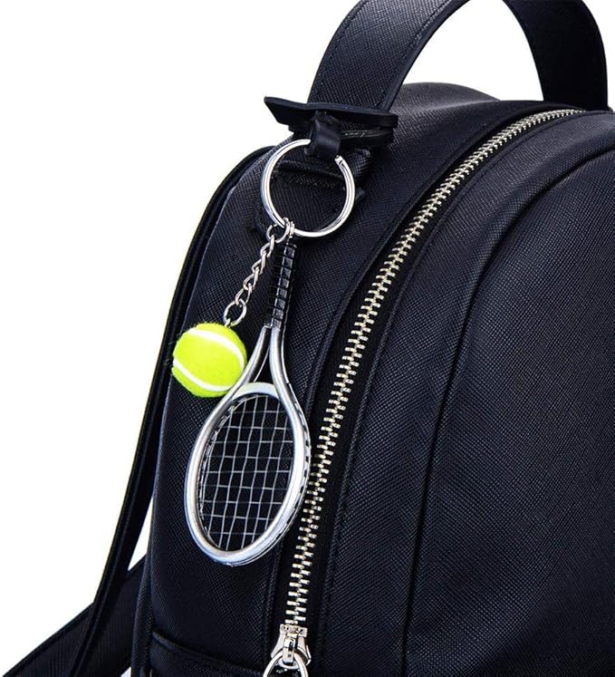 AUHOKY 6Pcs Mini Tennis Racket Keychain Key Ring, Fashionable Alloy Tennis Ball Split Ring, Sport Style Split Keychain for Sport Lovers Team - Exquisite & Lightweight(6 Colors)