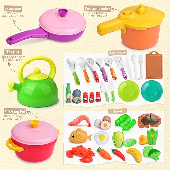 Kids Kitchen Playset, 66PCS Toddler Pretend Cooking Toys with Pots and Pans, Play Food, Utensils,Cookware, Play Food Set,Cutting Toys Fruit Veges,Educational Role Play Set for Toddlers Boys Girls