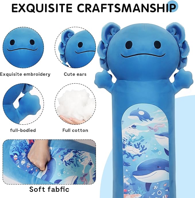 22” Long Axolotl Plush Body Pillow, Cute Blue Ocean Axolotl Stuffed Animals, Salamander Squishy Soft Plushies Toy, Gifts for Kids Girls and Boys, Birthdays, Halloween, Christmas ﻿